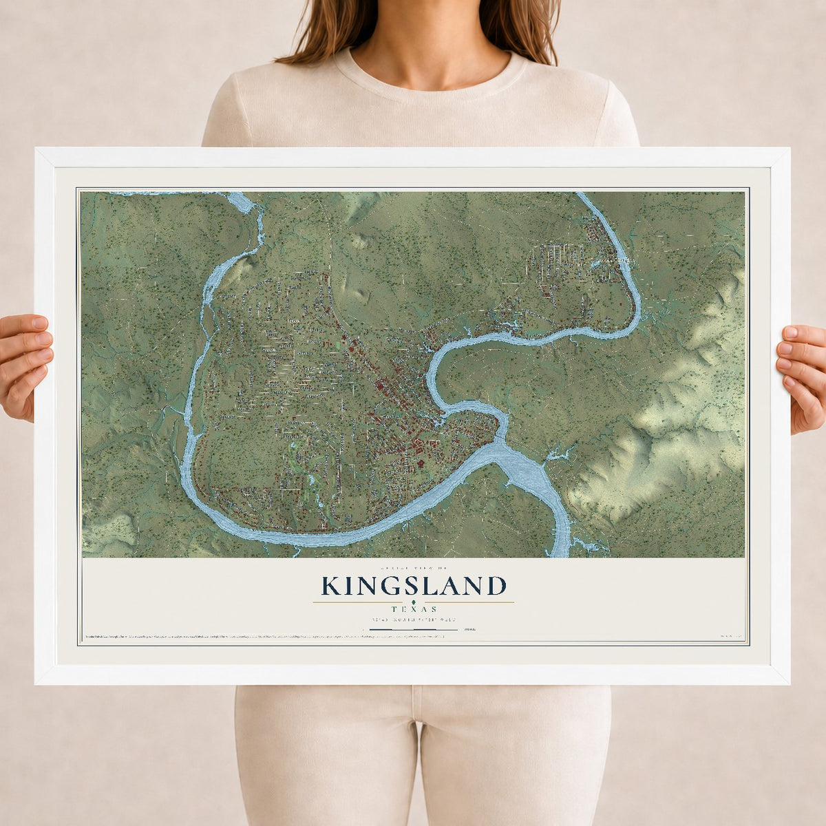 Map of Kingsland, Texas, 18 x 24 inch print in a white wood frame