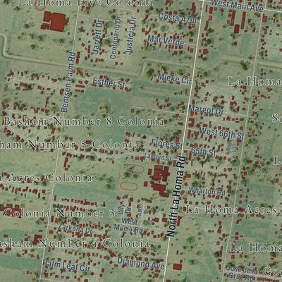 Close-up of the map of La Homa, Texas print showing street and building detail