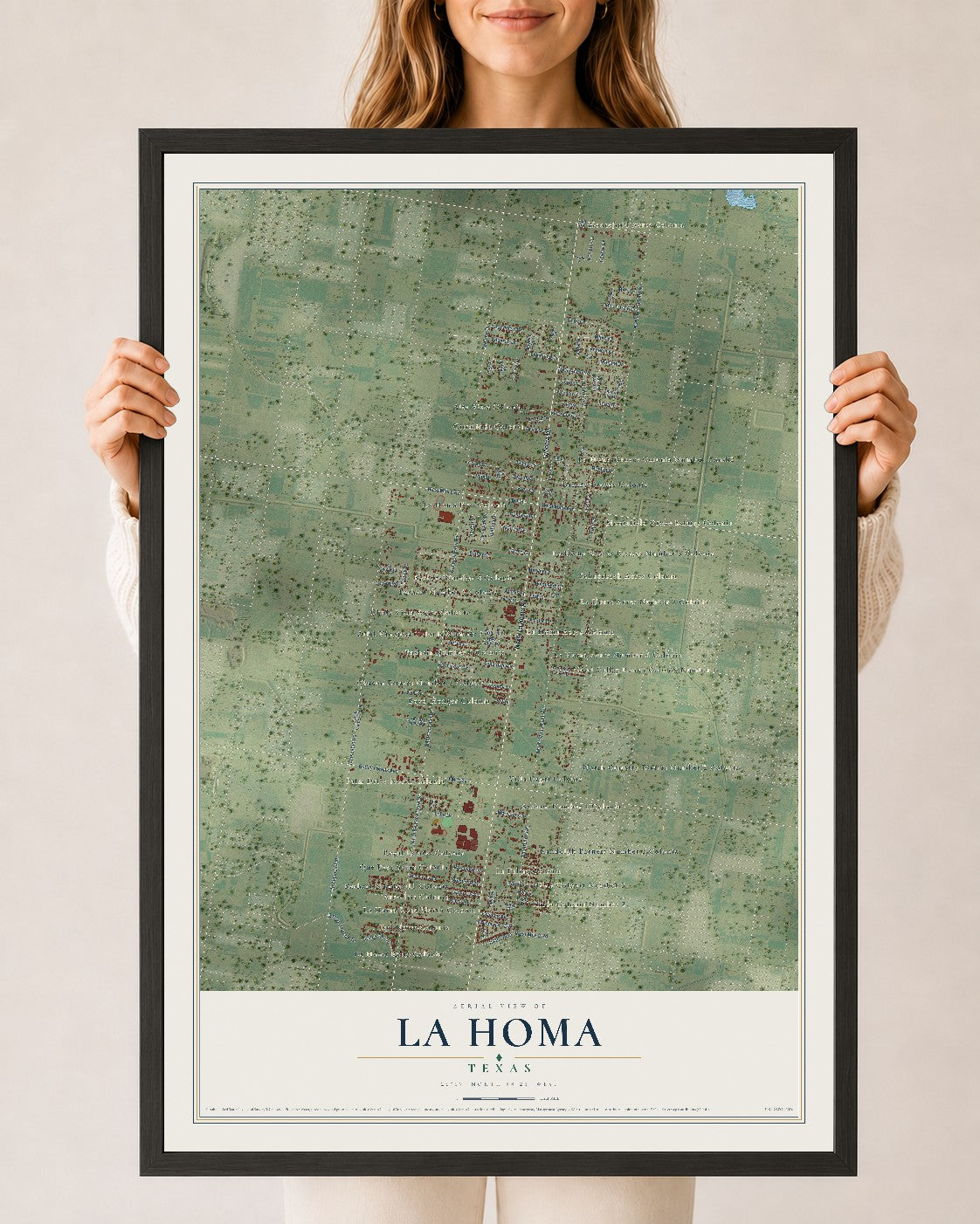 Map of La Homa, Texas, 24 x 36 inch print in a black wood frame