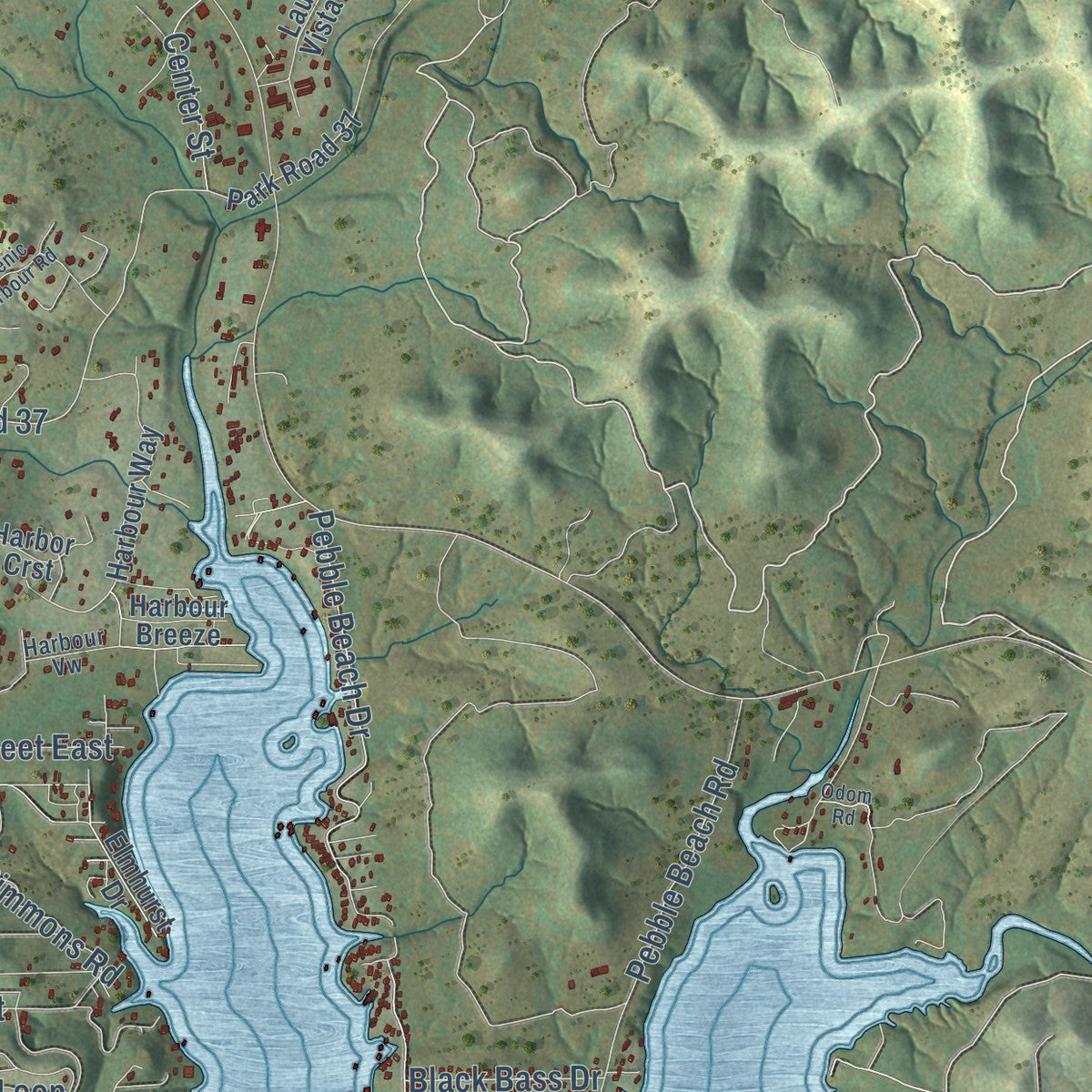 Second close-up of the map of Lakehills, Texas print showing more streets and buildings