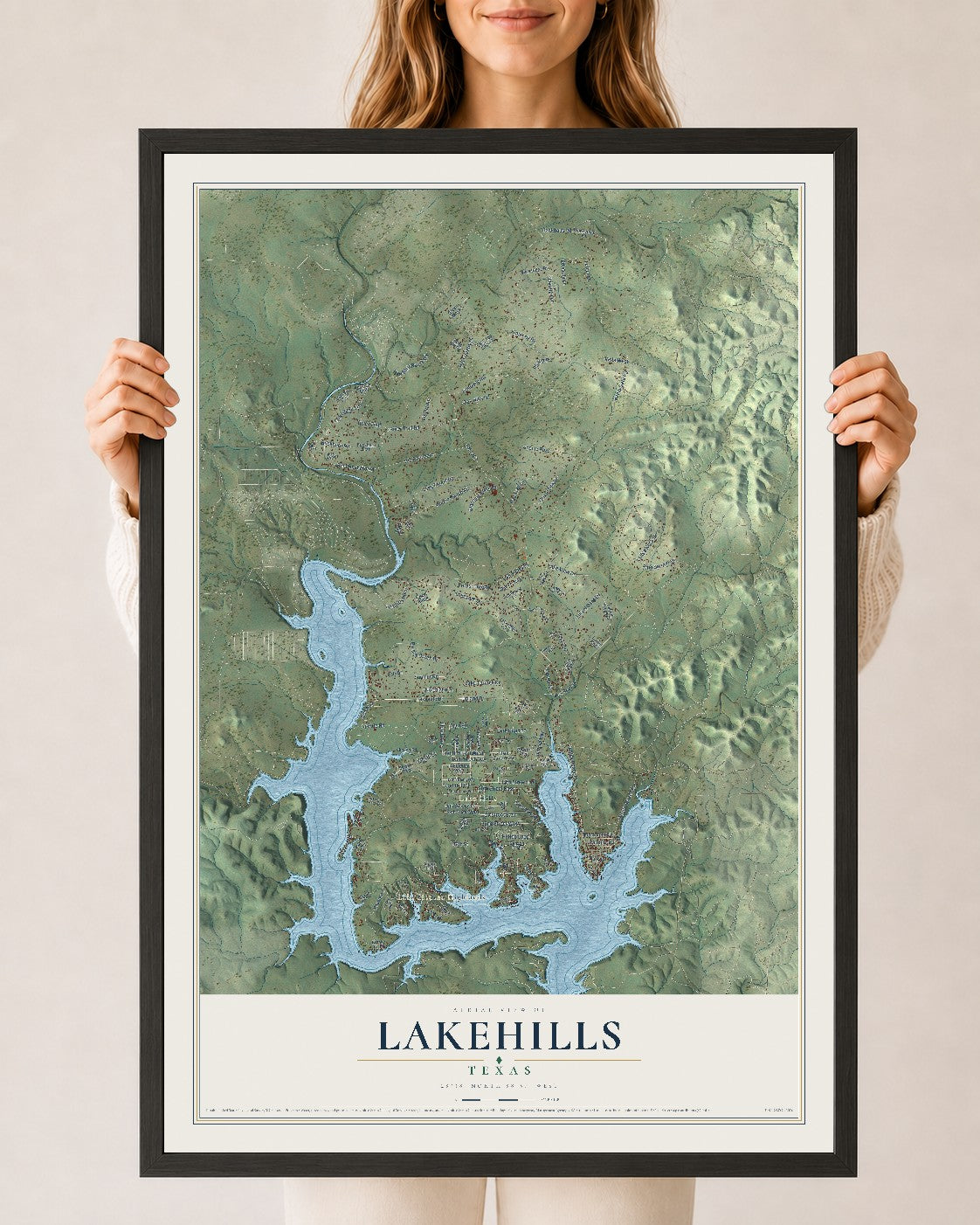 Map of Lakehills, Texas, 24 x 36 inch print in a black wood frame