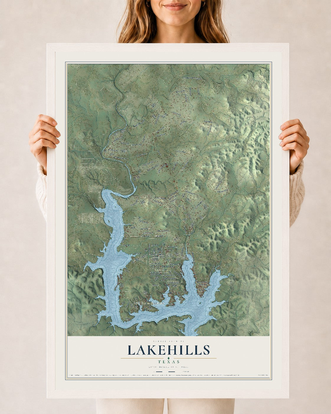 Map of Lakehills, Texas, 24 x 36 inch print in a white wood frame