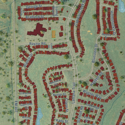 Second close-up of the map of Lantana, Texas print showing more streets and buildings