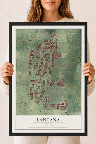 Map of Lantana, Texas, 18 x 24 inch print in a black wood frame