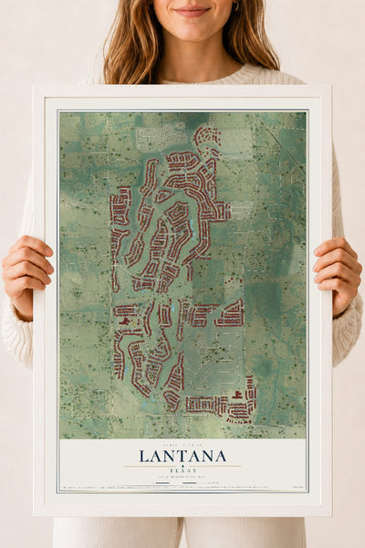 Map of Lantana, Texas, 18 x 24 inch print in a white wood frame