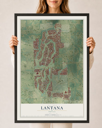 Map of Lantana, Texas, 24 x 36 inch print in a black wood frame