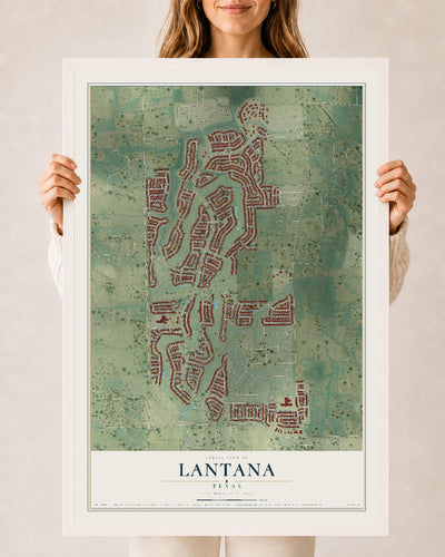 Map of Lantana, Texas, 24 x 36 inch print in a white wood frame