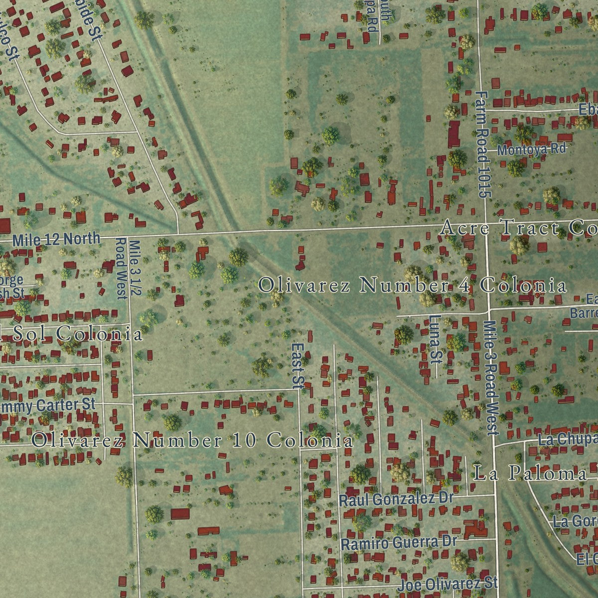 Close-up of the map of Mila Doce, Texas print showing street and building detail