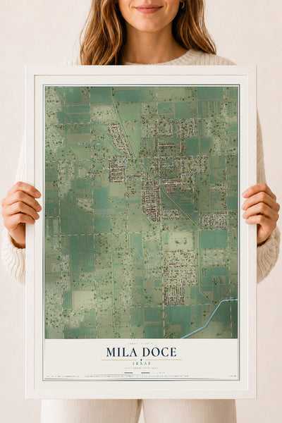 Map of Mila Doce, Texas, 18 x 24 inch print in a white wood frame