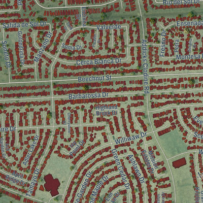 Close-up of the map of Mission Bend, Texas print showing street and building detail