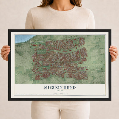 Map of Mission Bend, Texas, 12 x 18 inch print in a black wood frame