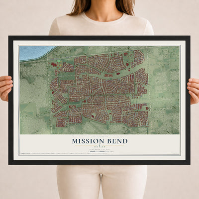 Map of Mission Bend, Texas, 18 x 24 inch print in a black wood frame