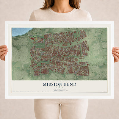 Map of Mission Bend, Texas, 18 x 24 inch print in a white wood frame