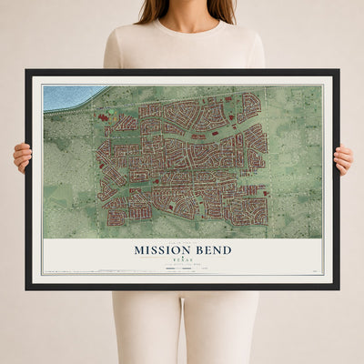 Map of Mission Bend, Texas, 24 x 36 inch print in a black wood frame