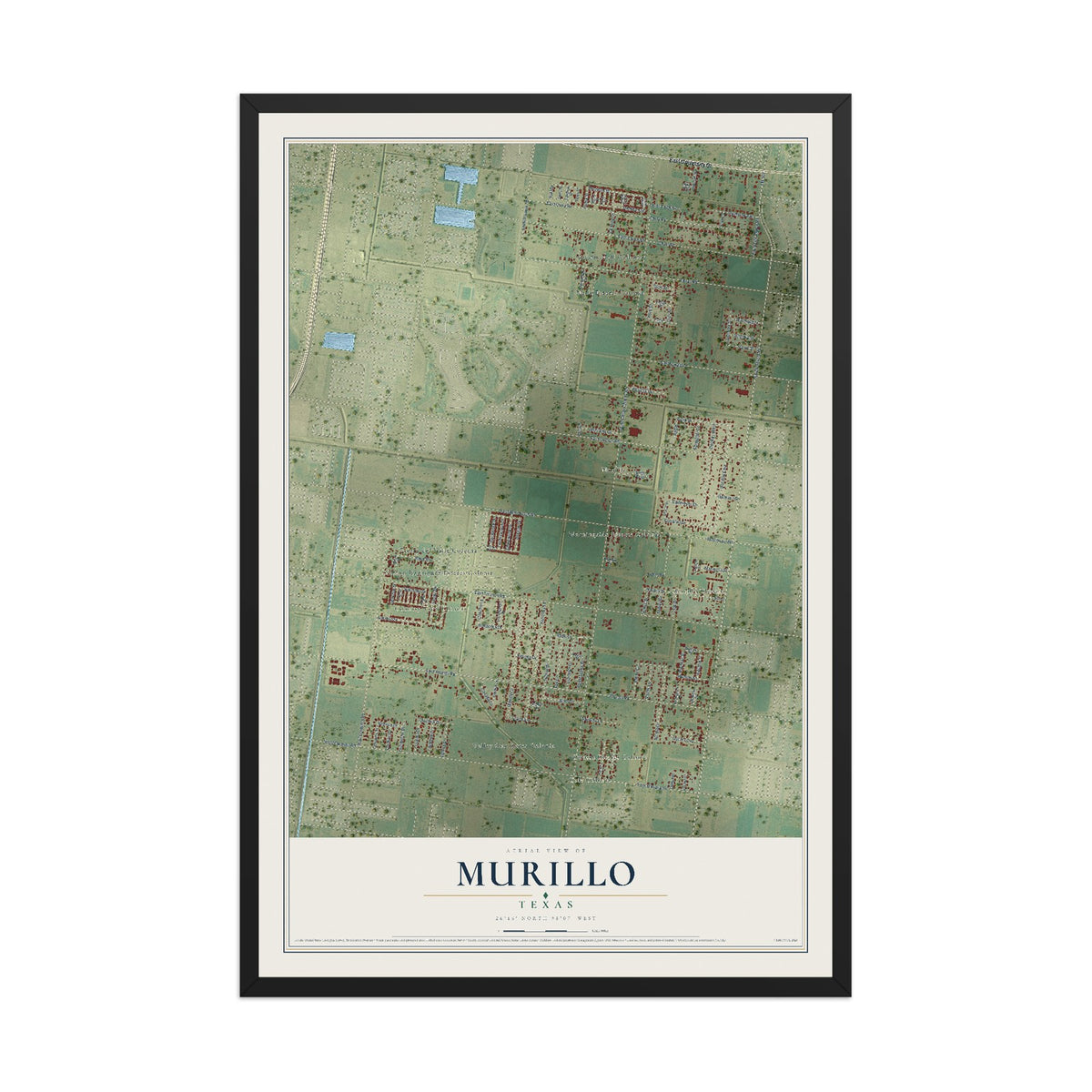 Map of Murillo, Texas, 12 x 18 inch print in a black wood frame