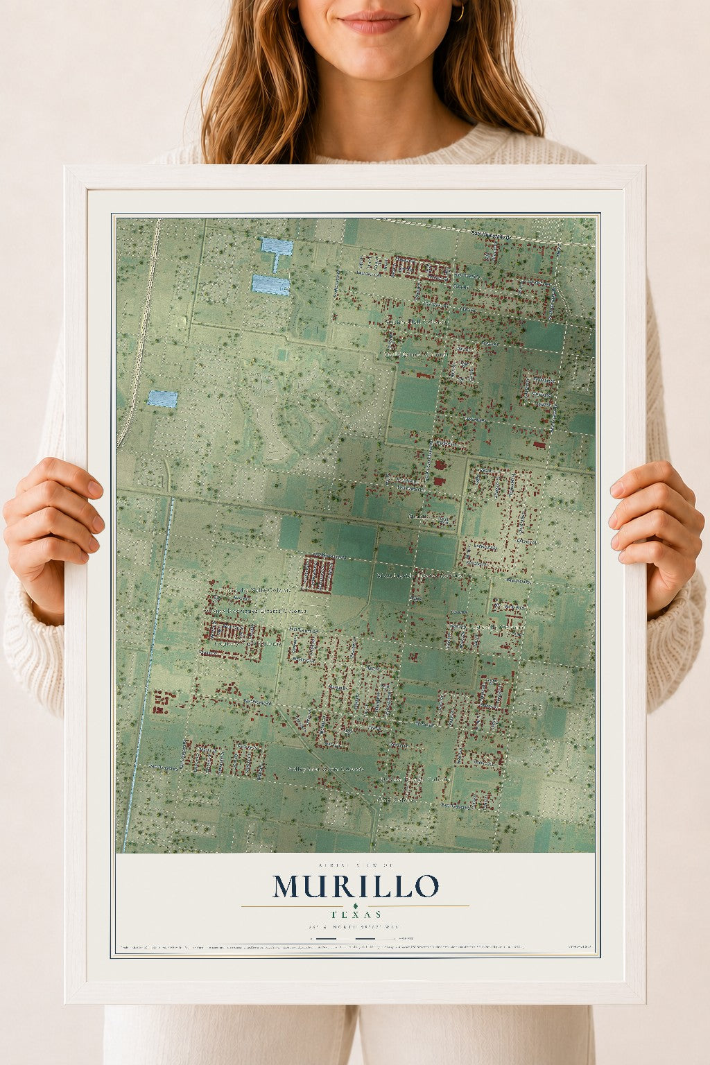 Map of Murillo, Texas, 18 x 24 inch print in a white wood frame