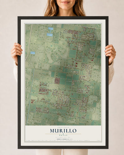 Map of Murillo, Texas, 24 x 36 inch print in a black wood frame