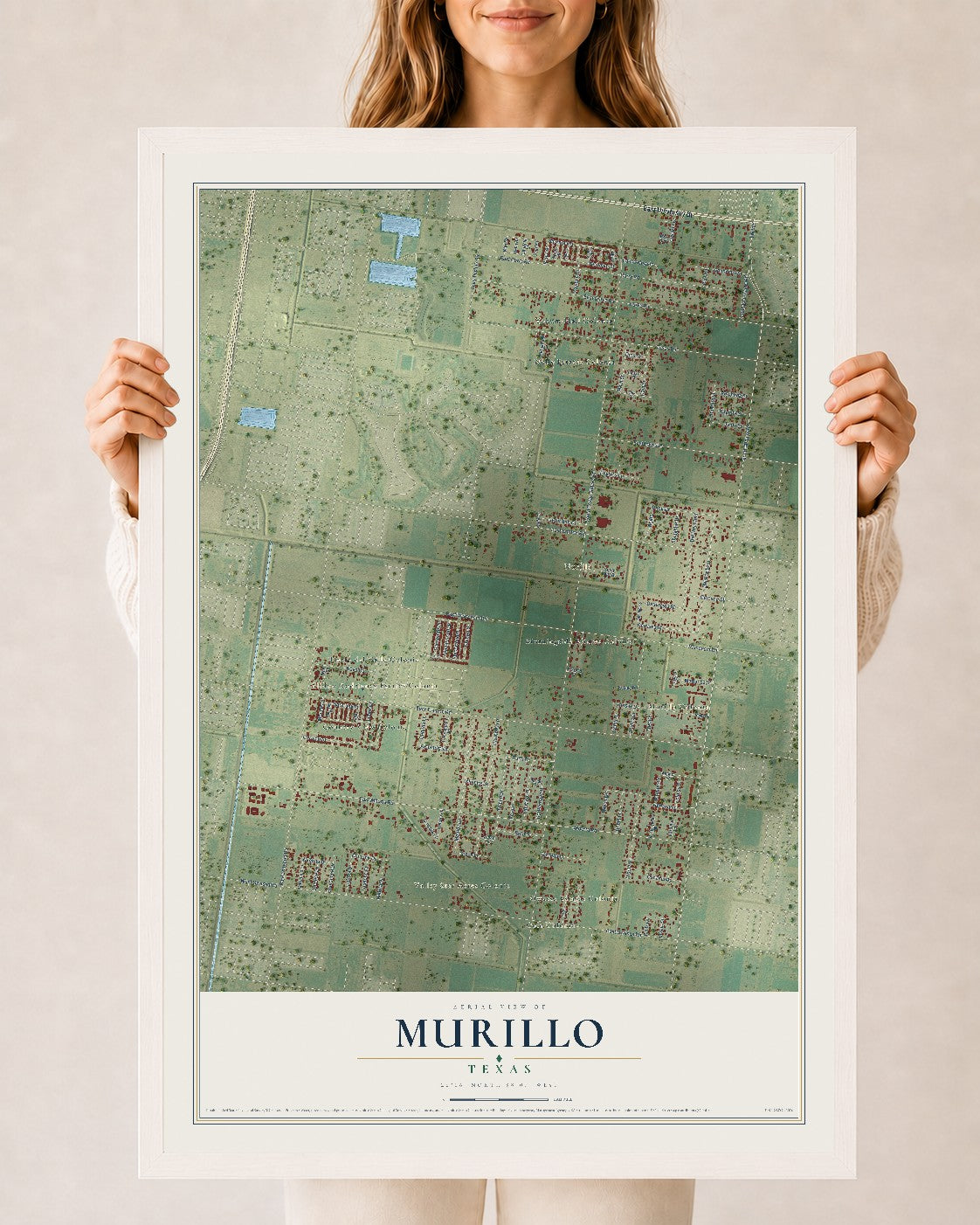 Map of Murillo, Texas, 24 x 36 inch print in a white wood frame