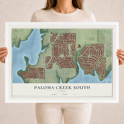 Map of Paloma Creek South, Texas, 18 x 24 inch print in a white wood frame