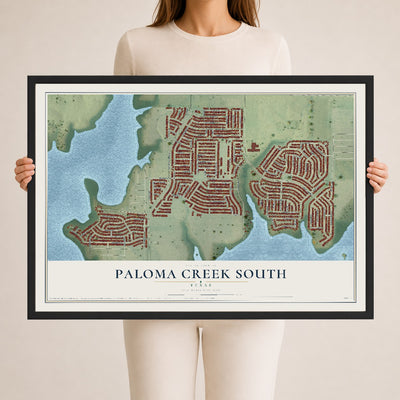 Map of Paloma Creek South, Texas, 24 x 36 inch print in a black wood frame