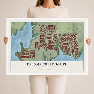 Map of Paloma Creek South, Texas, 24 x 36 inch print in a white wood frame