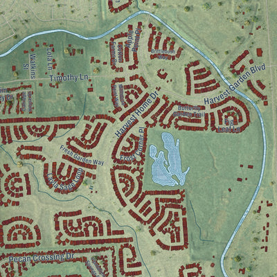 Second close-up of the map of Pecan Grove, Texas print showing more streets and buildings