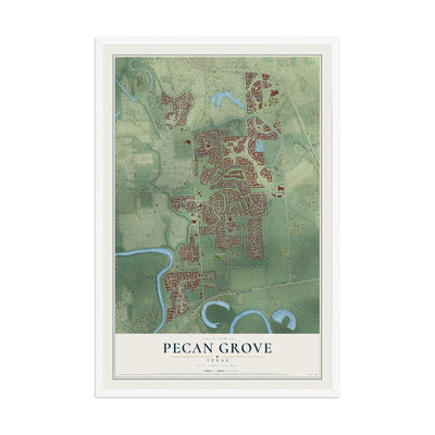 Map of Pecan Grove, Texas, 12 x 18 inch print in a white wood frame