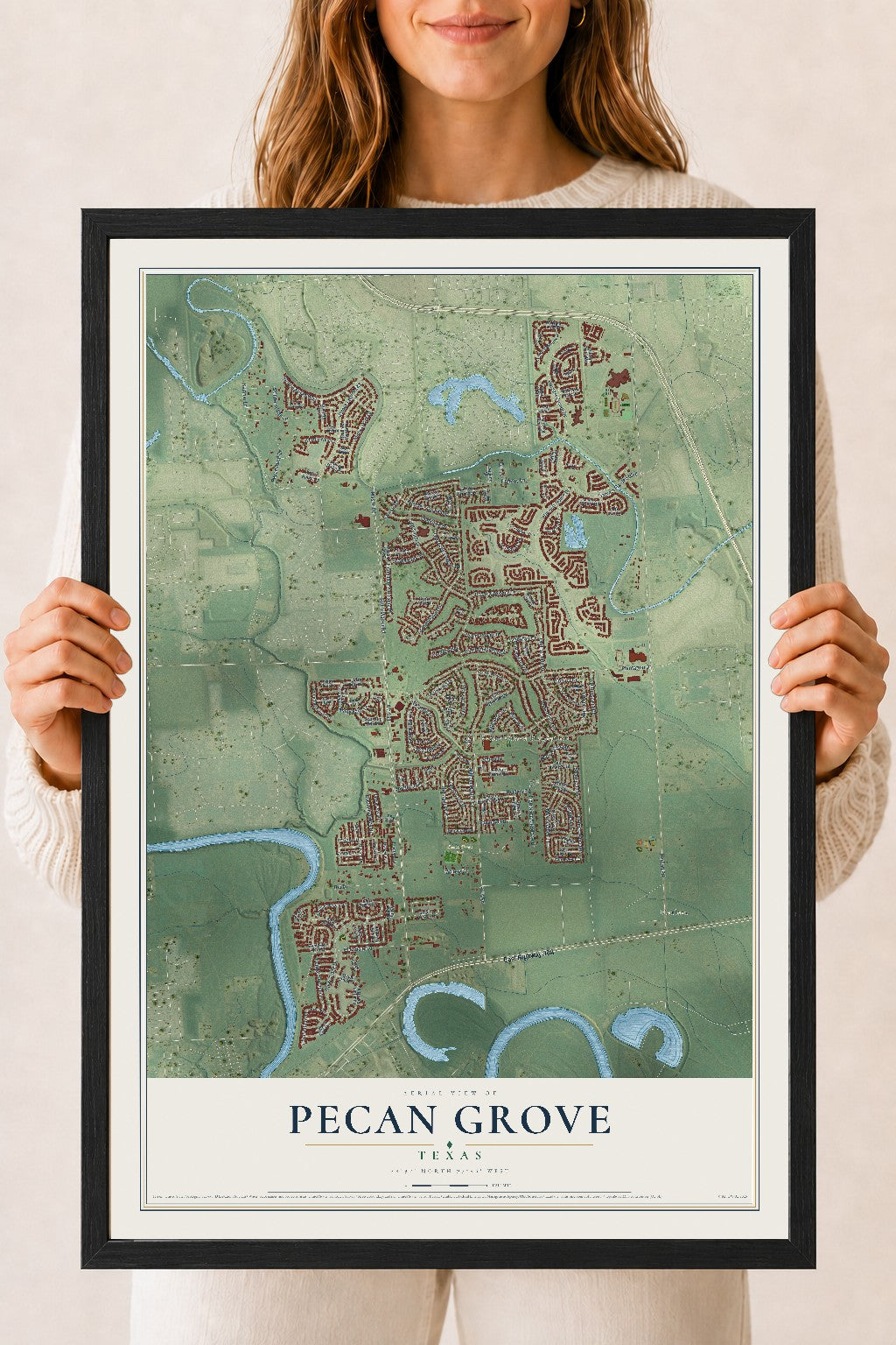 Map of Pecan Grove, Texas, 18 x 24 inch print in a black wood frame