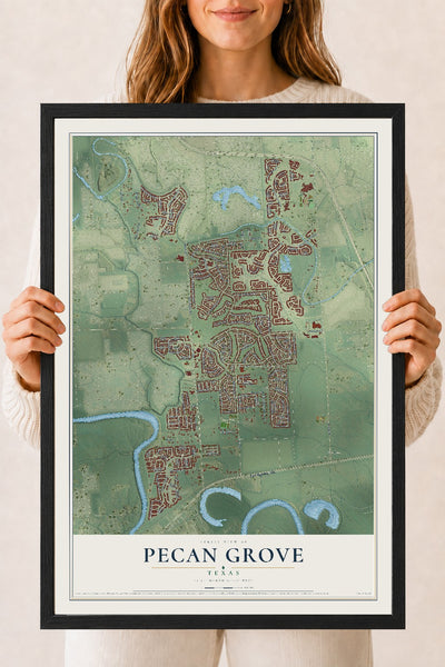 Map of Pecan Grove, Texas, 18 x 24 inch print in a black wood frame