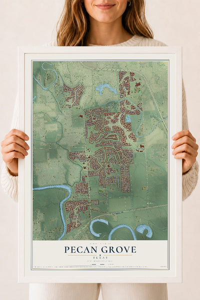 Map of Pecan Grove, Texas, 18 x 24 inch print in a white wood frame