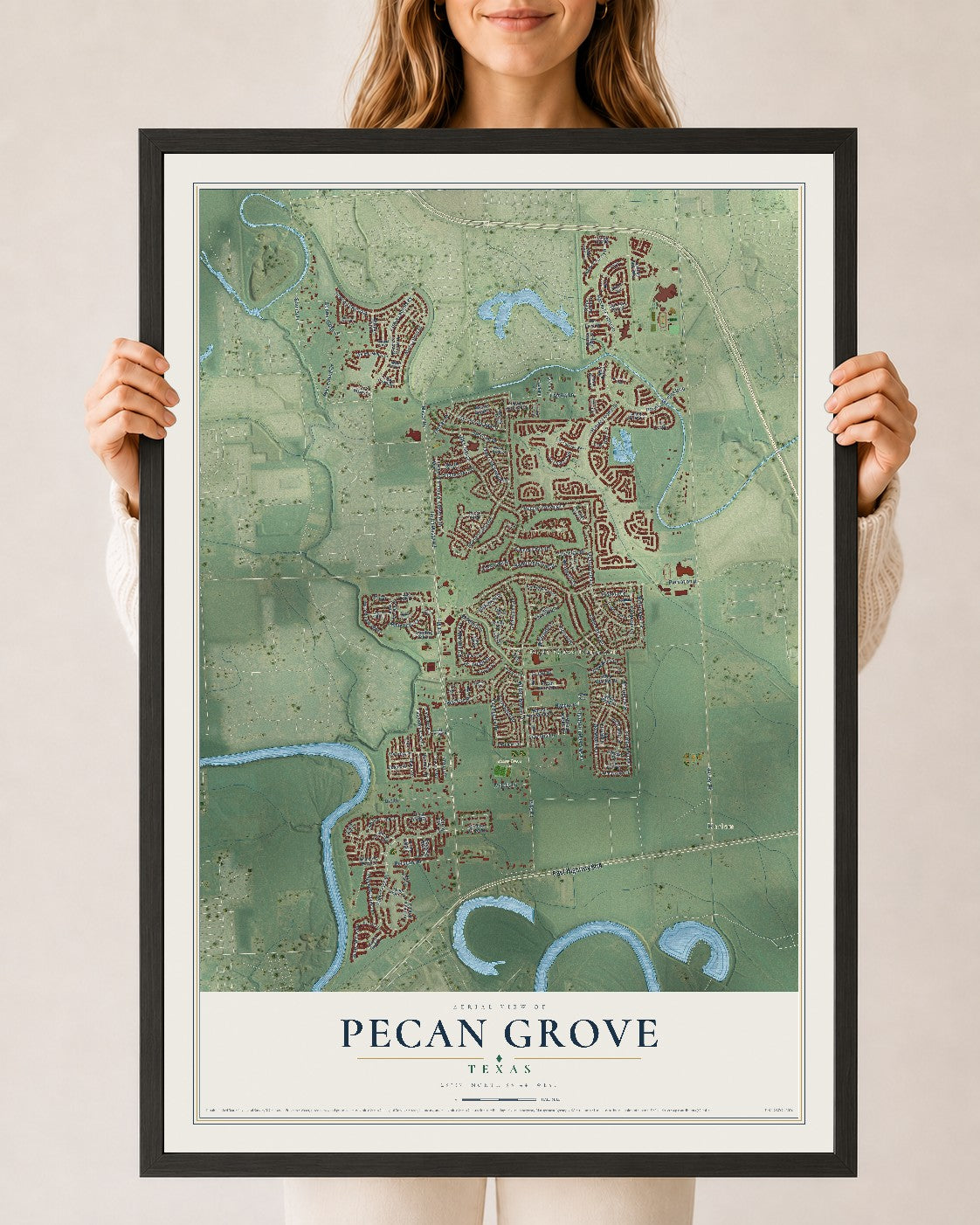 Map of Pecan Grove, Texas, 24 x 36 inch print in a black wood frame