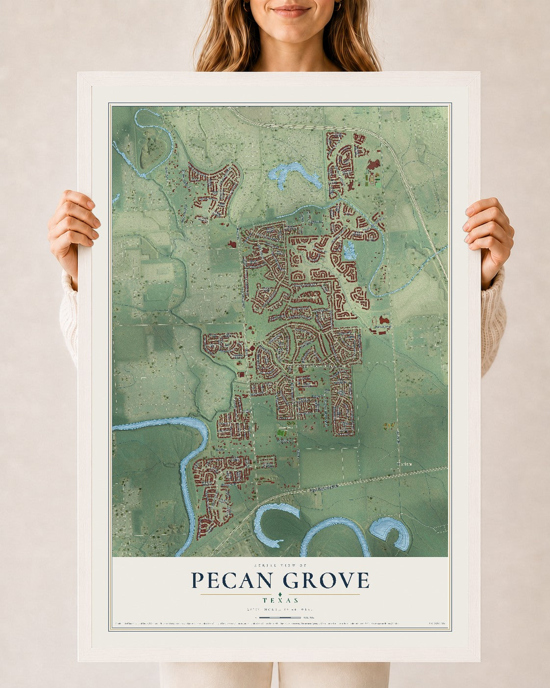 Map of Pecan Grove, Texas, 24 x 36 inch print in a white wood frame