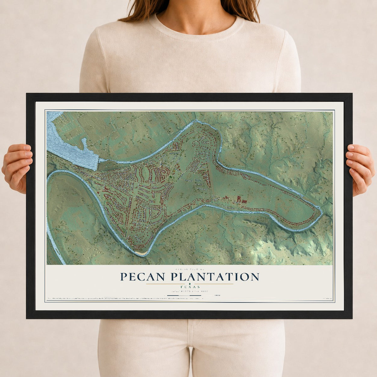 Map of Pecan Plantation, Texas, 12 x 18 inch print in a black wood frame