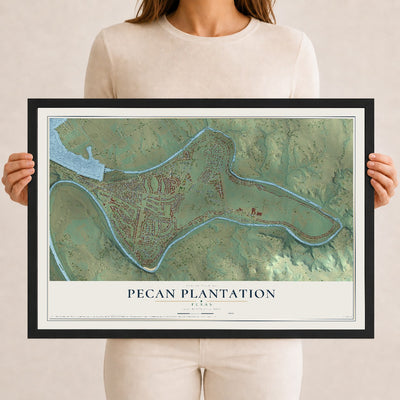 Map of Pecan Plantation, Texas, 12 x 18 inch print in a black wood frame