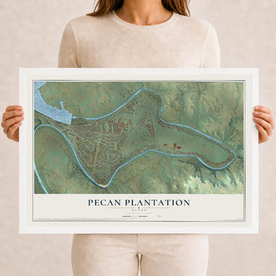 Map of Pecan Plantation, Texas, 12 x 18 inch print in a white wood frame