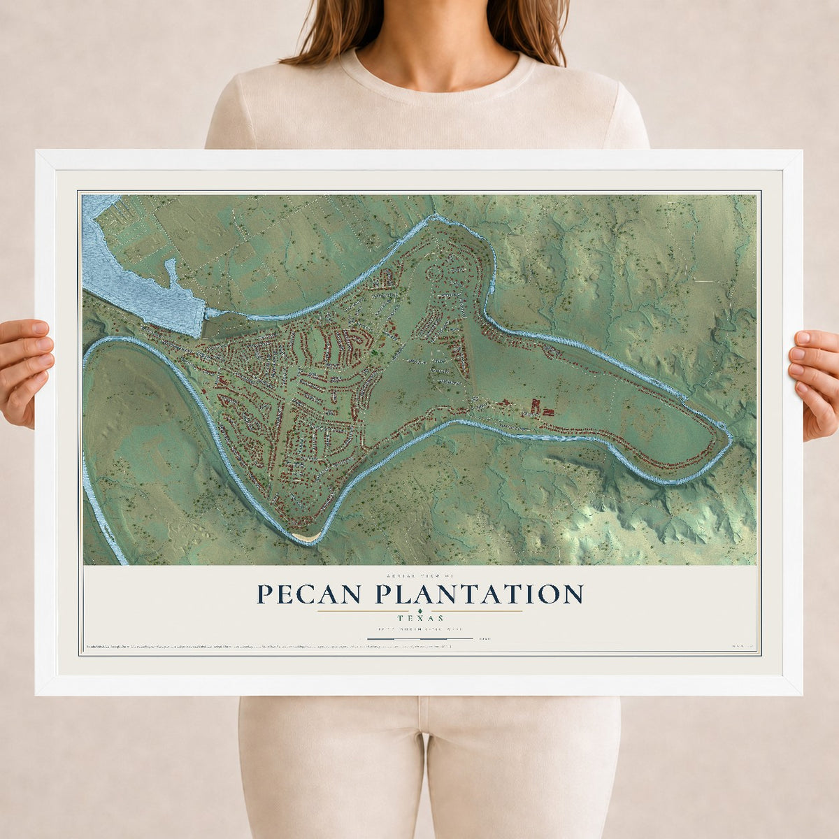 Map of Pecan Plantation, Texas, 18 x 24 inch print in a white wood frame