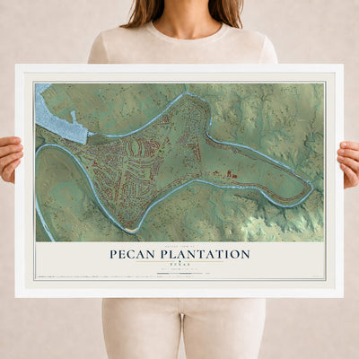 Map of Pecan Plantation, Texas, 18 x 24 inch print in a white wood frame