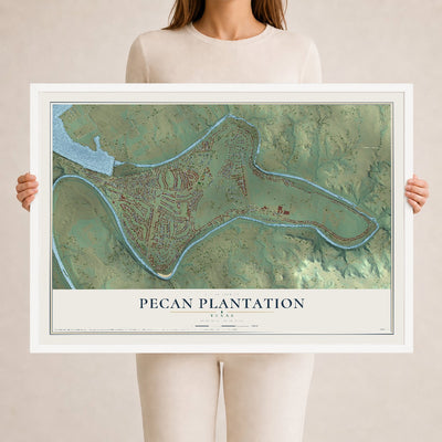 Map of Pecan Plantation, Texas, 24 x 36 inch print in a white wood frame