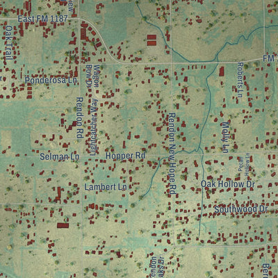 Close-up of the map of Rendon, Texas print showing street and building detail