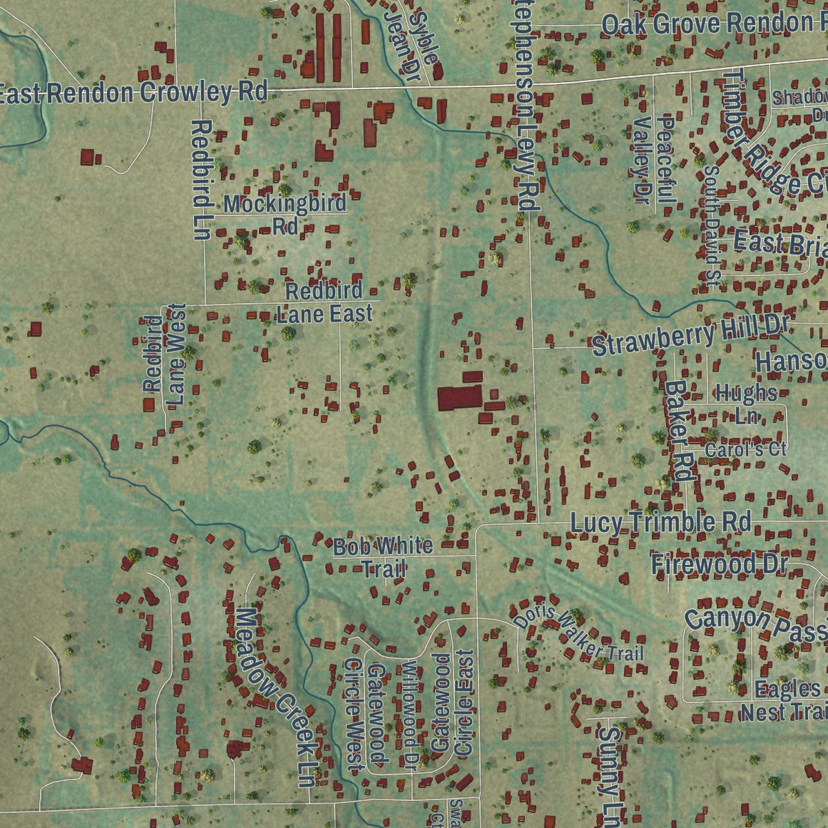 Second close-up of the map of Rendon, Texas print showing more streets and buildings
