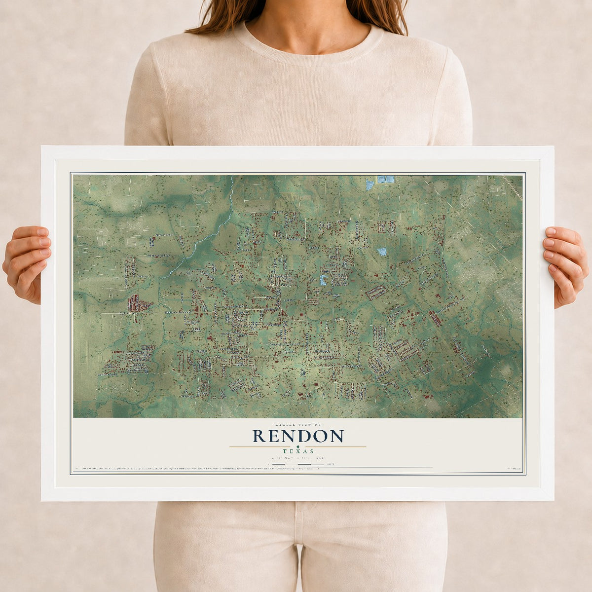 Map of Rendon, Texas, 12 x 18 inch print in a white wood frame