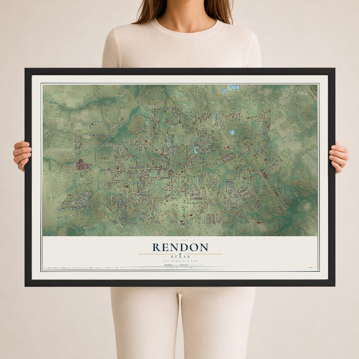 Map of Rendon, Texas, 24 x 36 inch print in a black wood frame