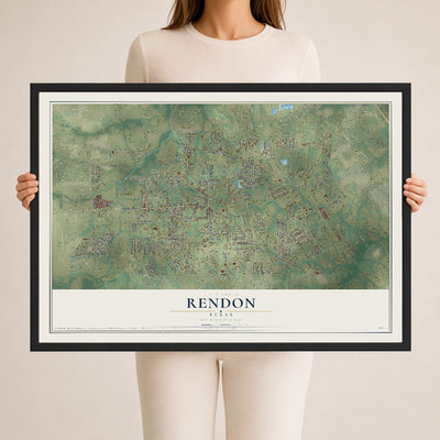 Map of Rendon, Texas, 24 x 36 inch print in a black wood frame