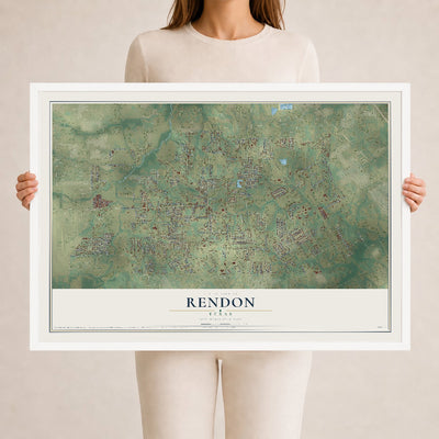 Map of Rendon, Texas, 24 x 36 inch print in a white wood frame