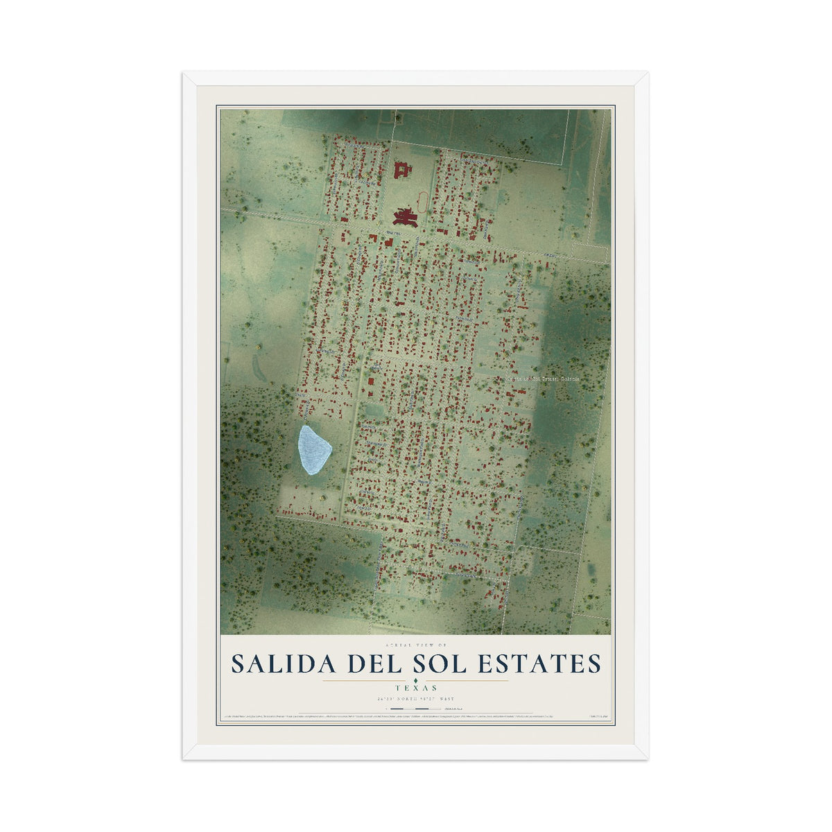 Map of Salida del Sol Estates, Texas, 12 x 18 inch print in a white wood frame