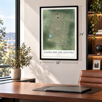 Salida del Sol Estates, Texas map, 18 x 24 inch print in a black frame in a home office
