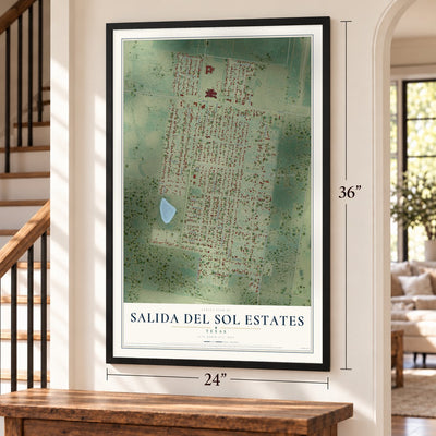 Salida del Sol Estates, Texas map, 24 x 36 inch print in a black frame by a staircase