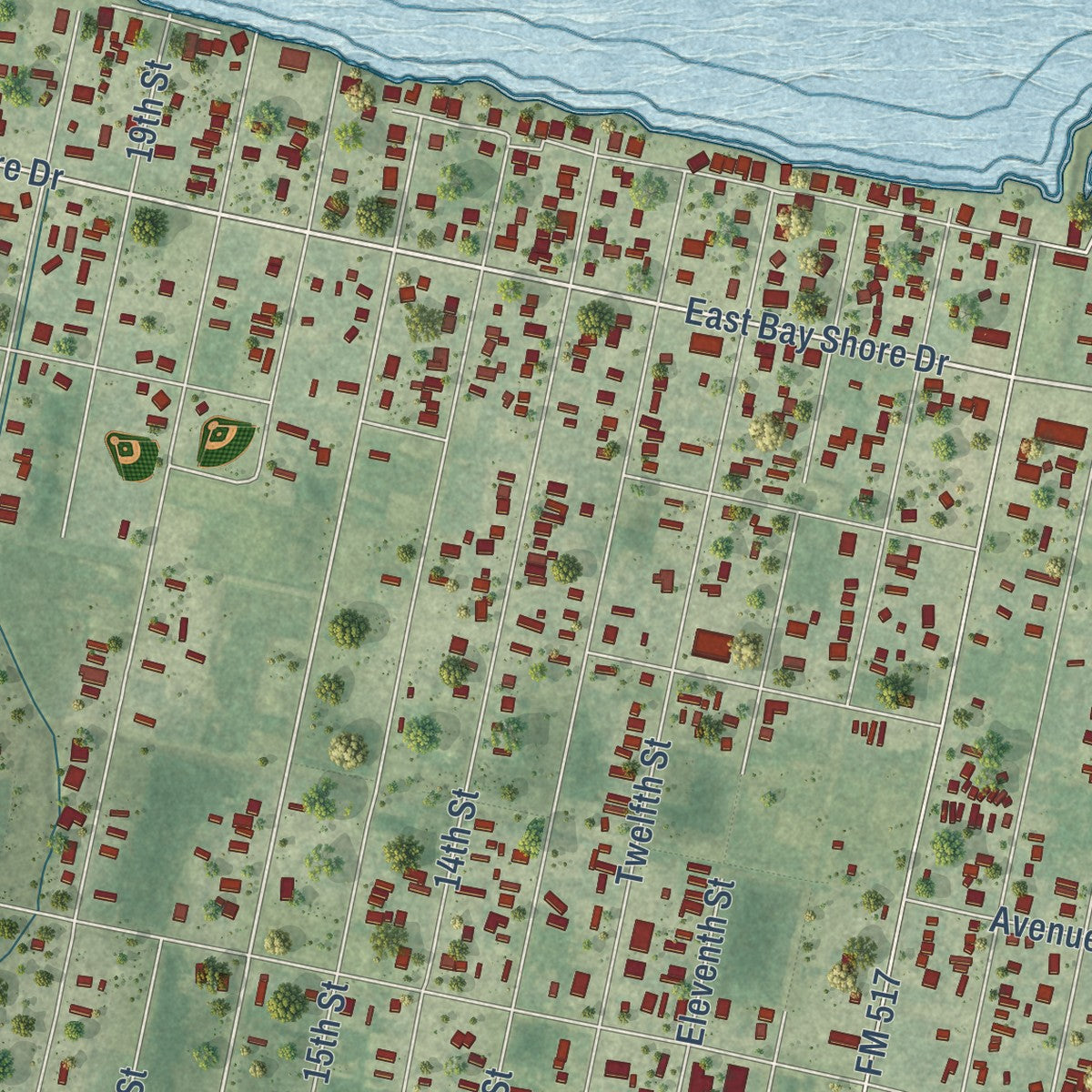 Second close-up of the map of San Leon, Texas print showing more streets and buildings