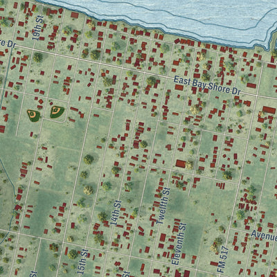 Second close-up of the map of San Leon, Texas print showing more streets and buildings