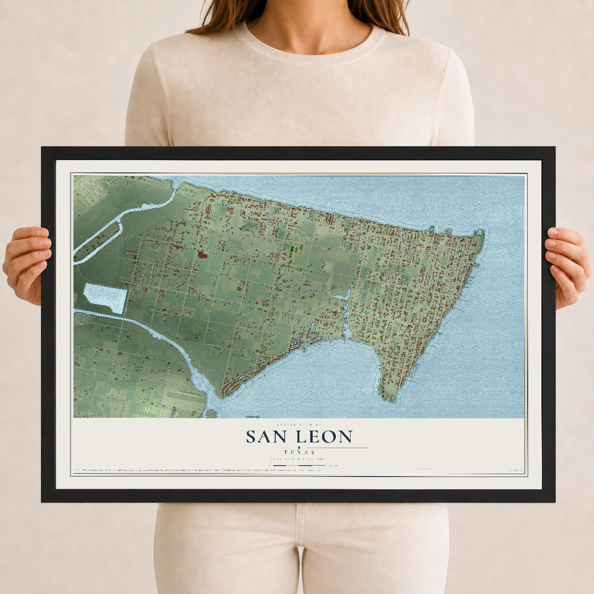 Map of San Leon, Texas, 12 x 18 inch print in a black wood frame